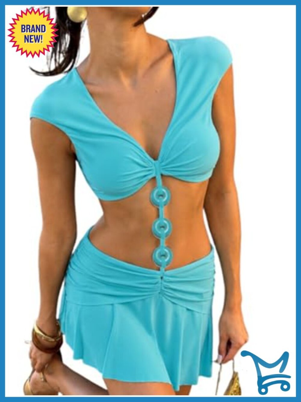 Women's Polyester Spandex Cutout Crop Top & Ruched Mini Skirt Set